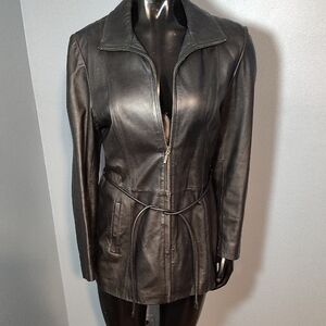 Women's Black Leather Jacket with Belt